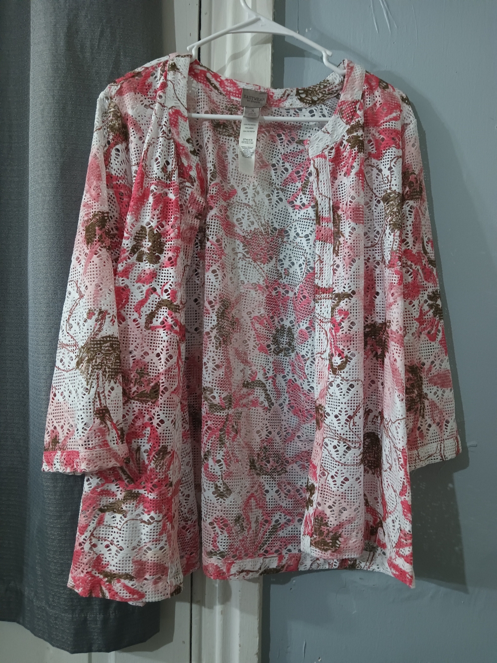 Chico's Pink & Brown Floral Open Crochet Cardigan Robe
